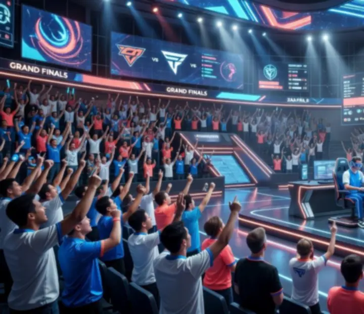 Stylizowana futurystyczna arena esportowa z cyfrowym miastem i światłami neonów