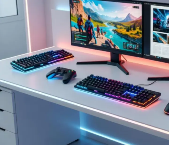 Futurystyczne stanowisko recenzenckie z monitorami, kontrolerami i podświetleniem RGB