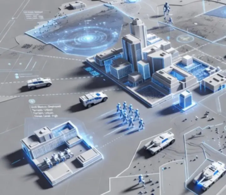Futurystyczna mapa taktyczna symbolizująca strategiczne gry czasu rzeczywistego i turowe