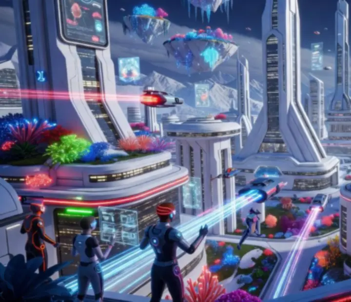 Futurystyczny, cyfrowy świat gier z miastami, fantastycznymi krainami i wirtualnymi interfejsami symbolizującymi współczesny gaming