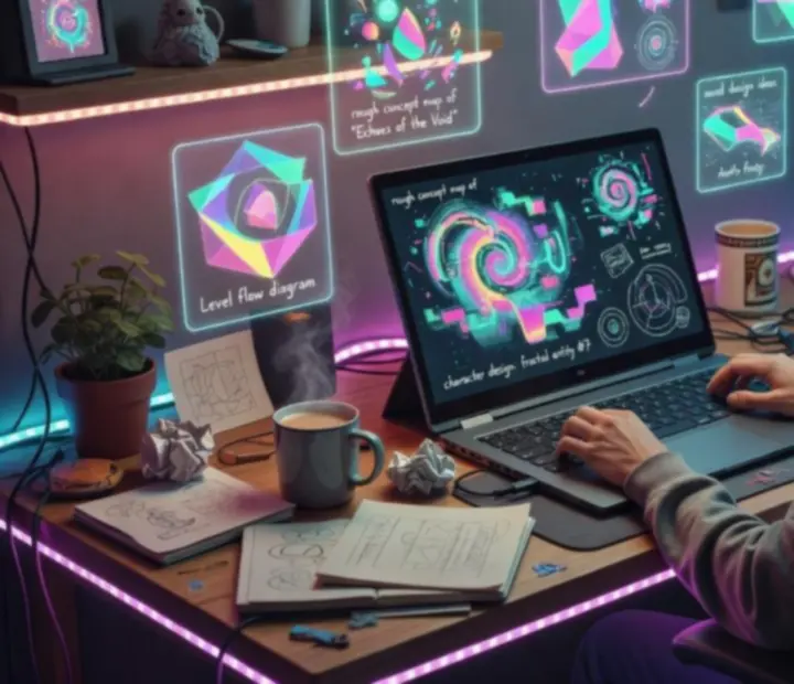 Artystyczna scena przedstawiająca niezależne światy gier indie z abstrakcyjnymi krajobrazami