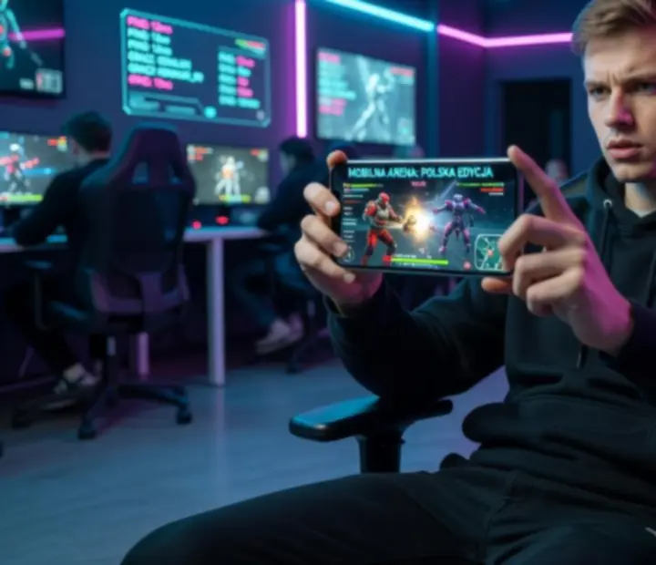 Gracz trzymający smartfon z dynamiczną, kolorową grą mobilną