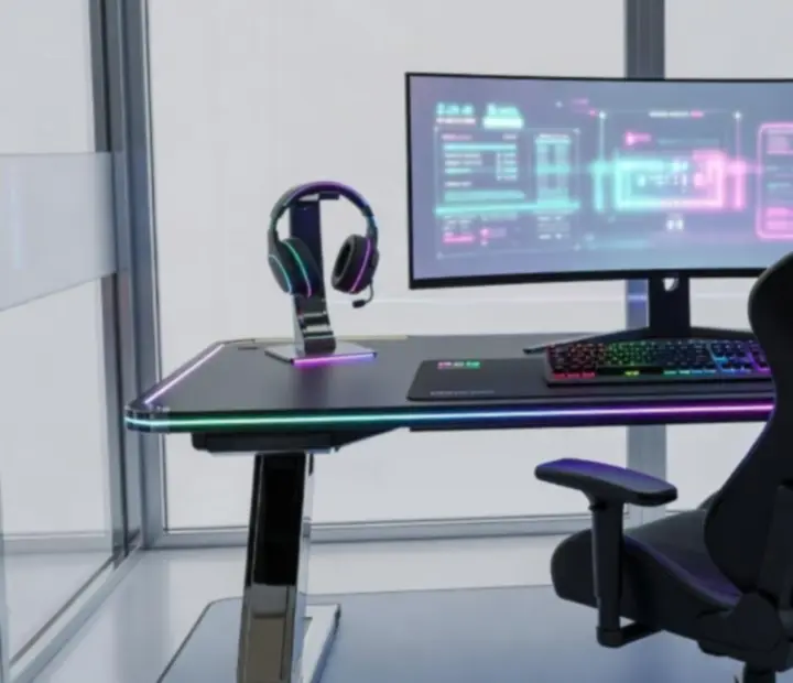 Nowoczesne stanowisko gamingowe z podświetleniem RGB oraz wieloma monitorami