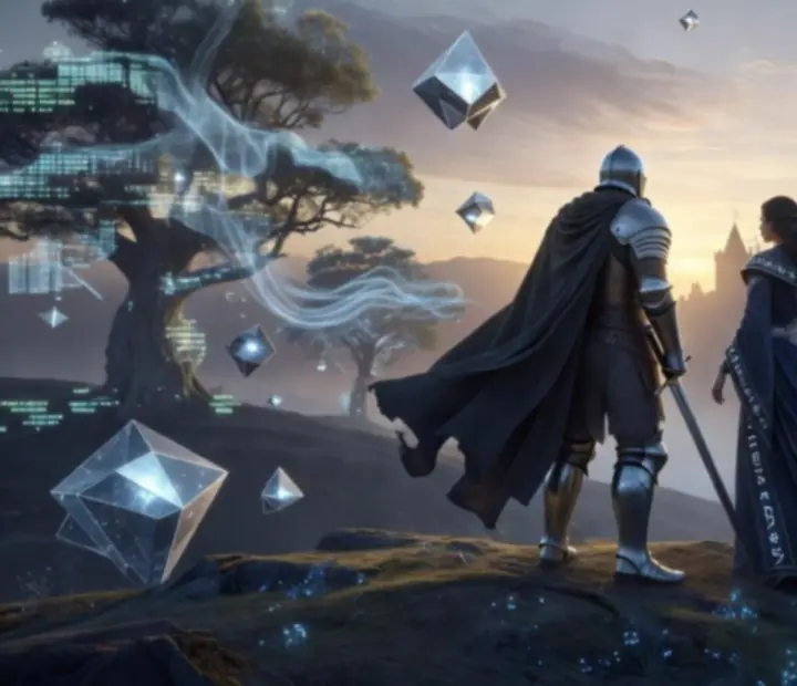 Futurystyczny świat RPG z wojownikiem i magiczną aurą